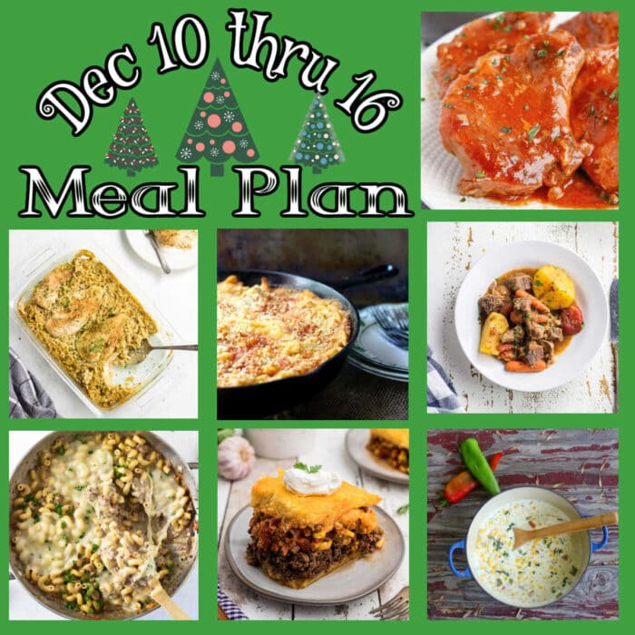 Collage of main dish images with a title text overlay, "Dec 10 - 16 Meal Plan".