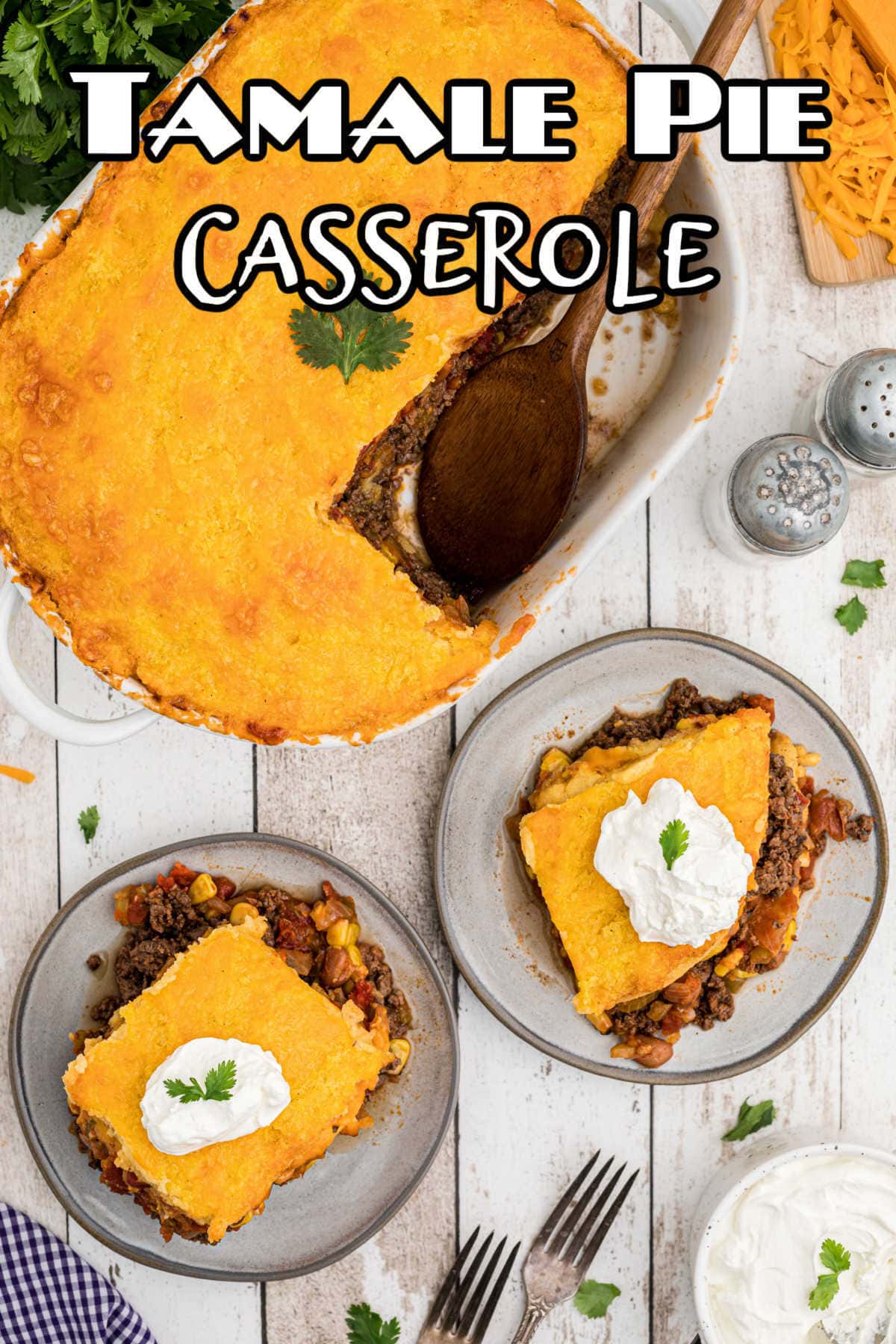 Overhead view of 2 plates with tamale pie casserole on them.