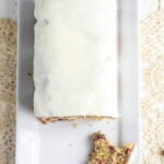 Overhead view of cranberry bread with a text overlay for Pinterest.