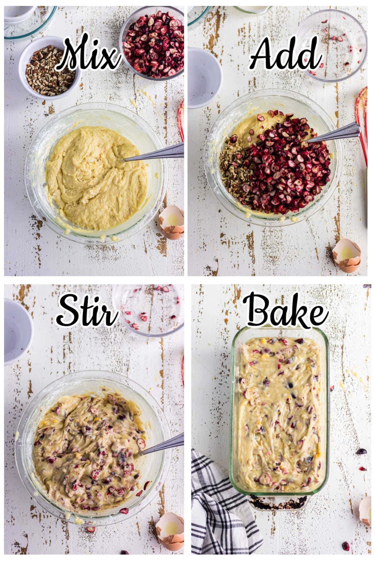 Step by step images for making cranberry bread.