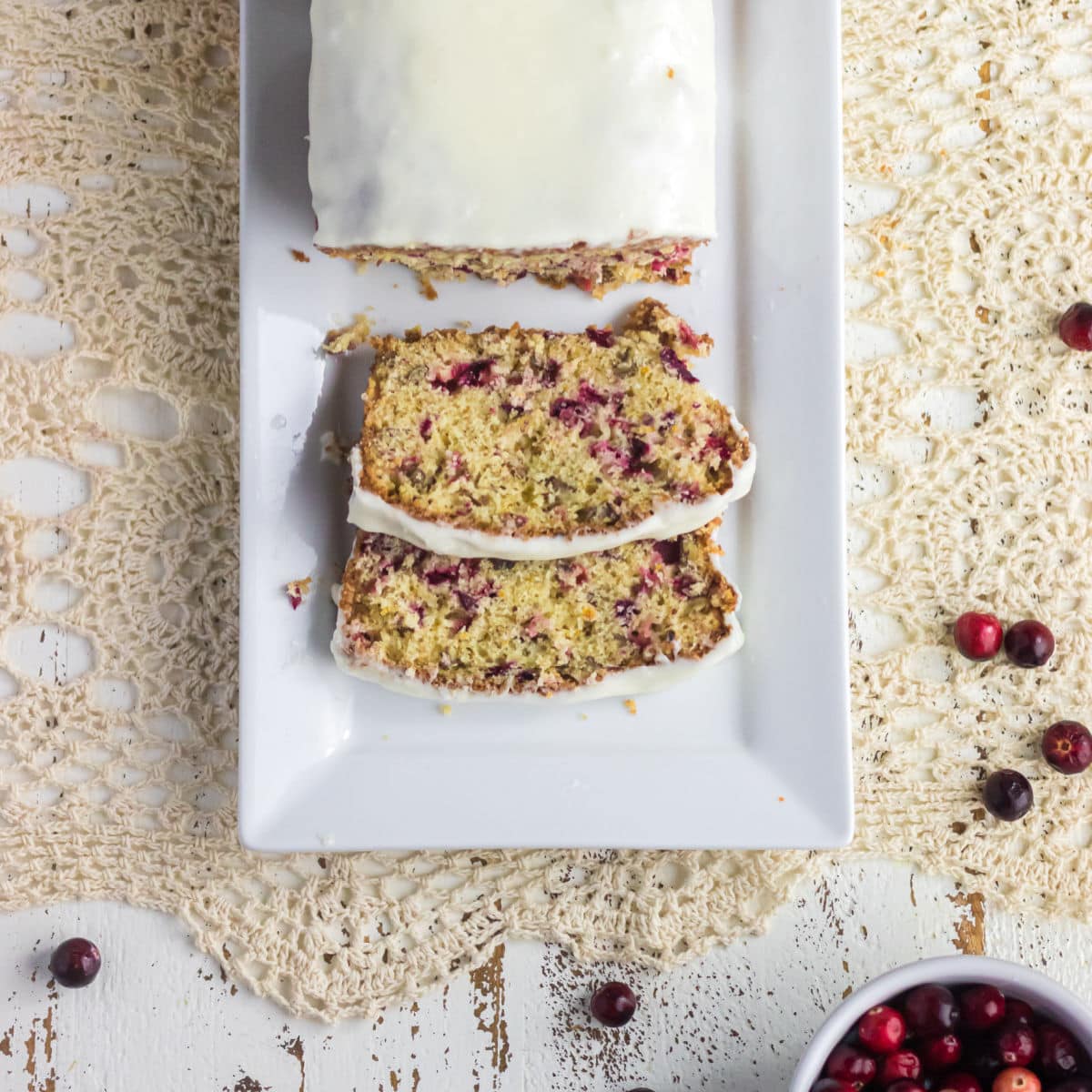 Overhead view of the cranberry nut bread