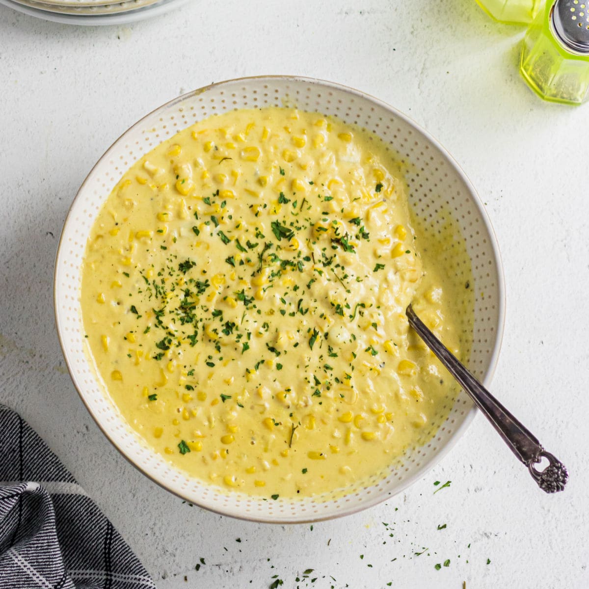 Overhead view of creamed corn for the recipe card.