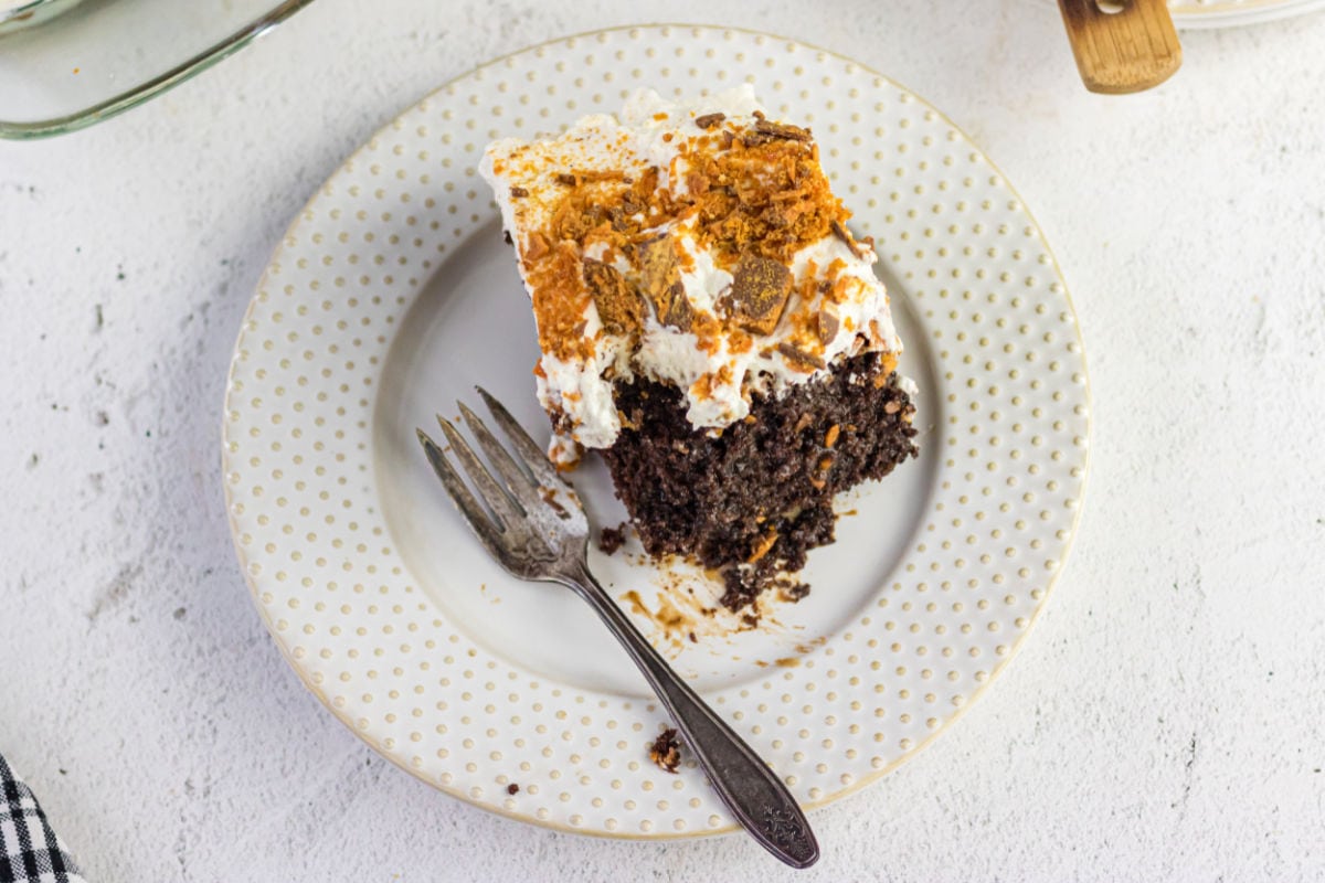 Overhead view of a square of cake on a white plate.