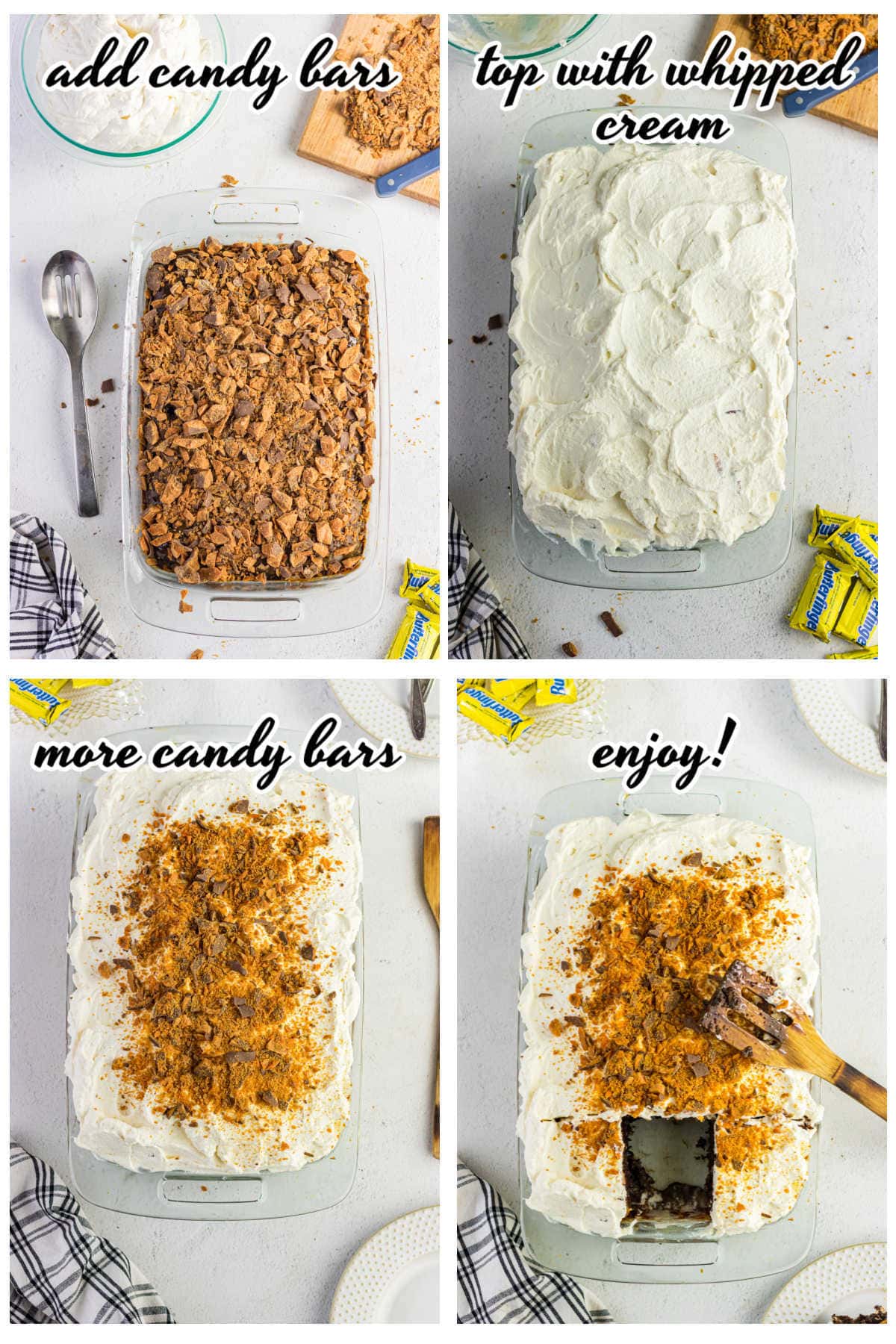 Collage of steps showing how to finish the cake.