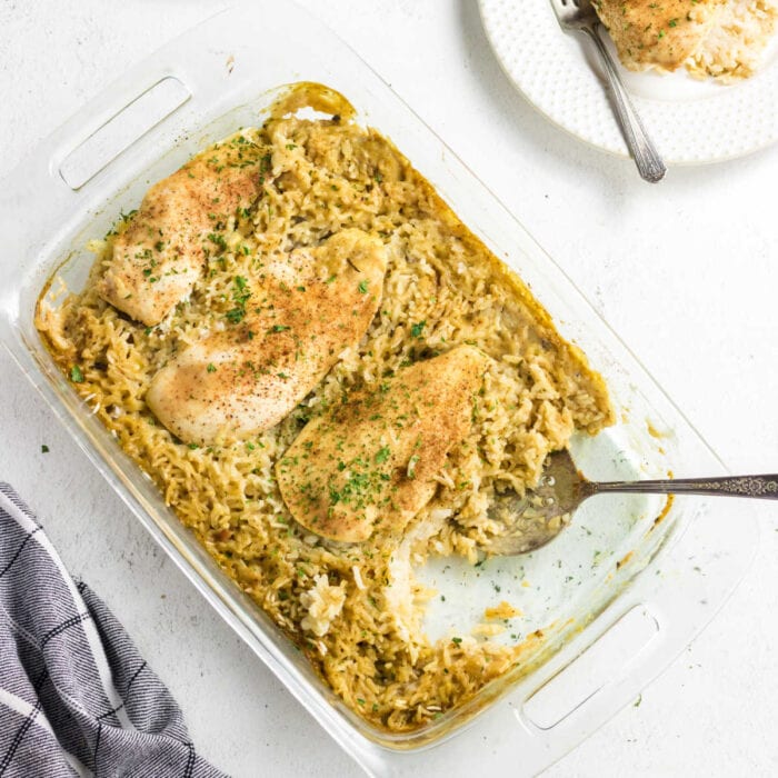 Overhead view of this casserole with a serving removed.