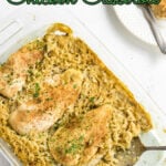 No peek chicken and rice casserole with text overlay for Pinterest.
