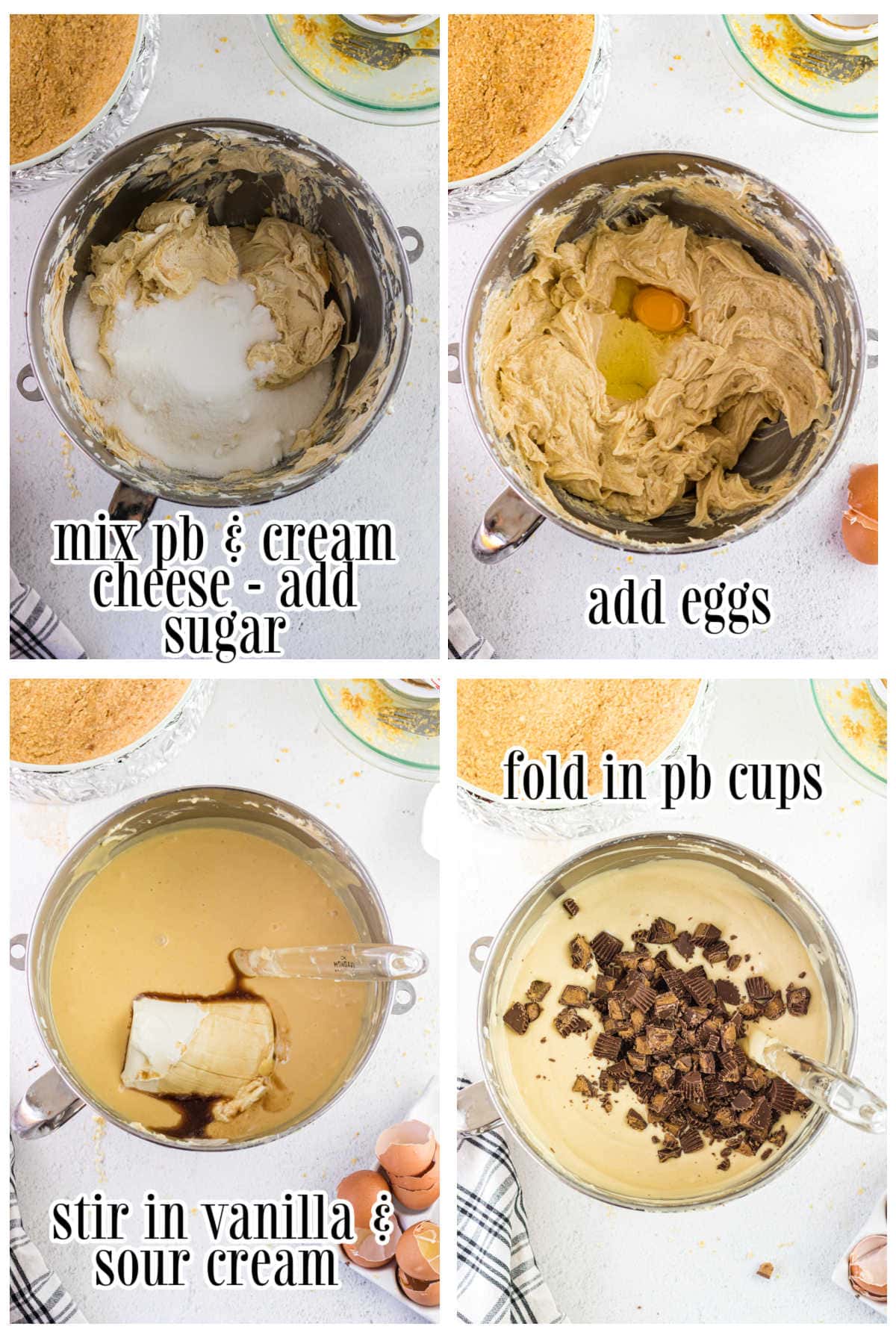 The four steps to making the cheesecake batter.