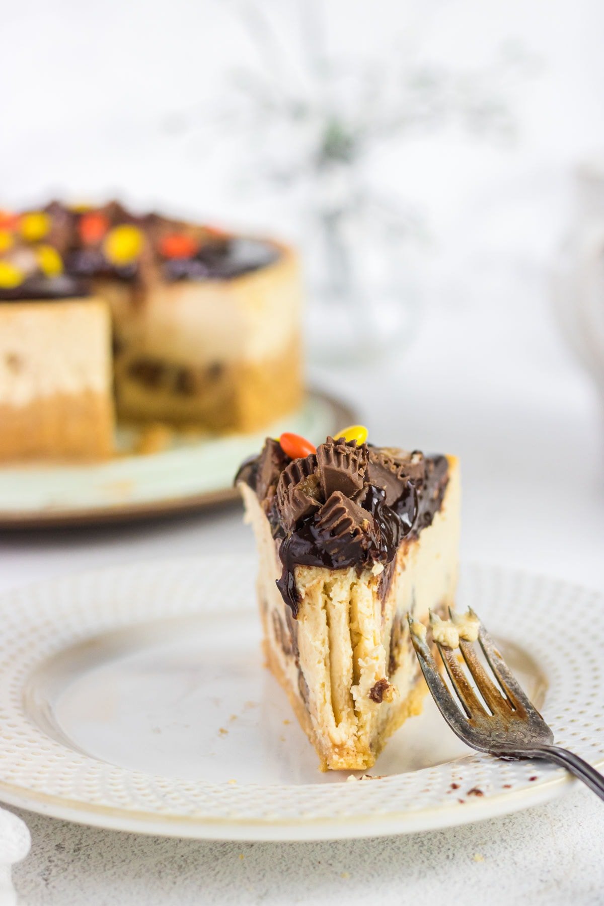 Close up view of a slice of cheesecake on a white plate.