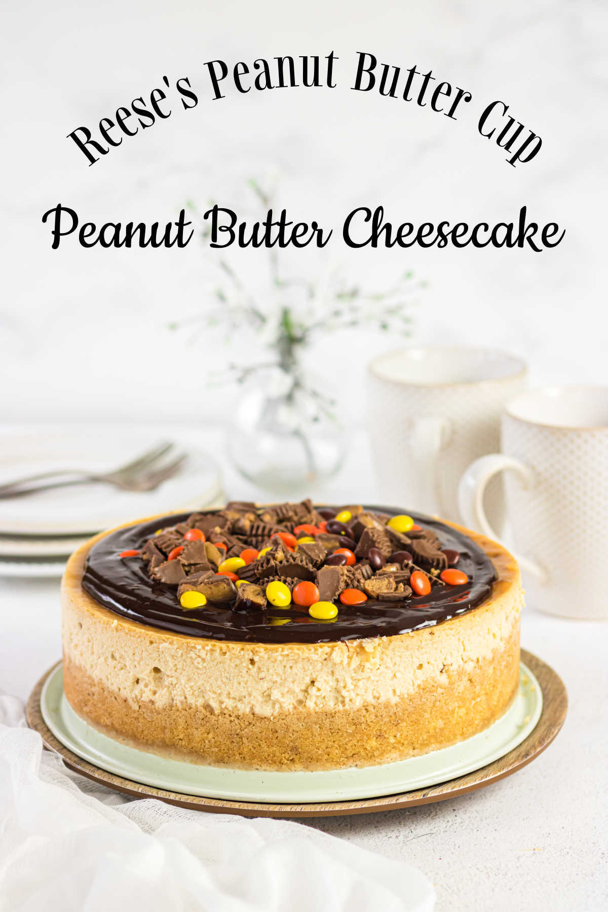 Side view of uncut cheesecake with text overlay.