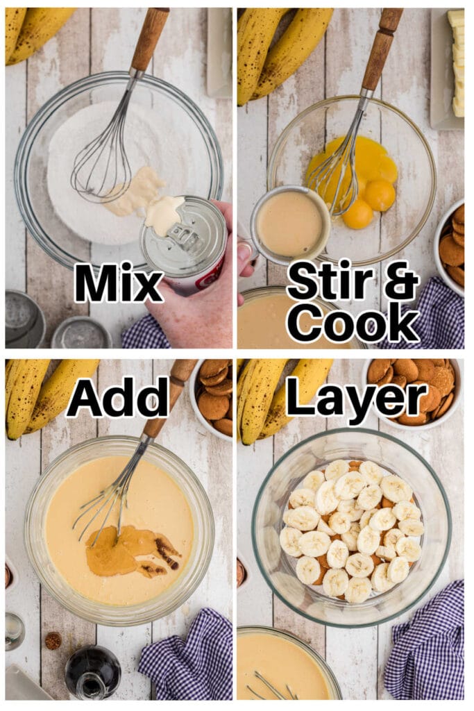 Collage of images showing steps for making banana pudding.