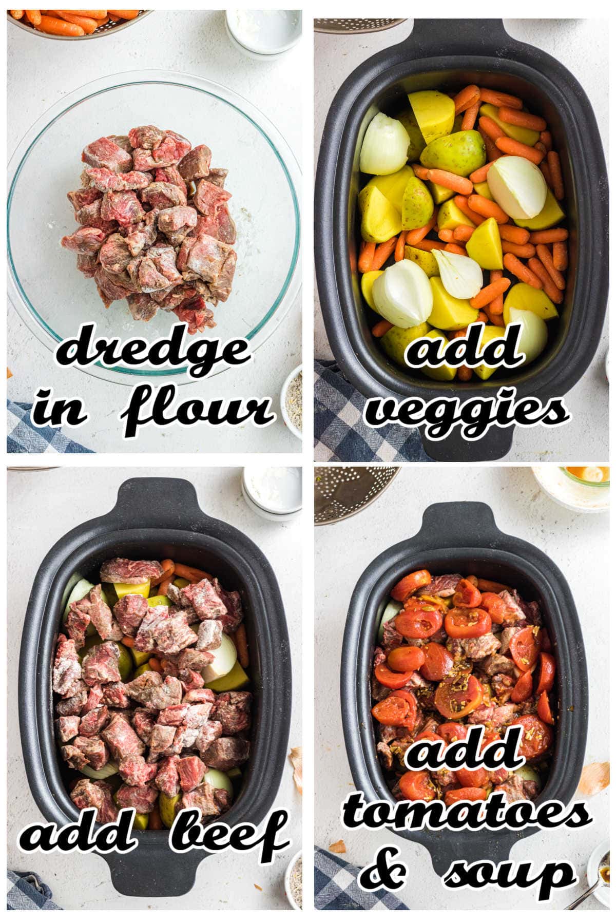 Step by step images showing how to make beef stew.