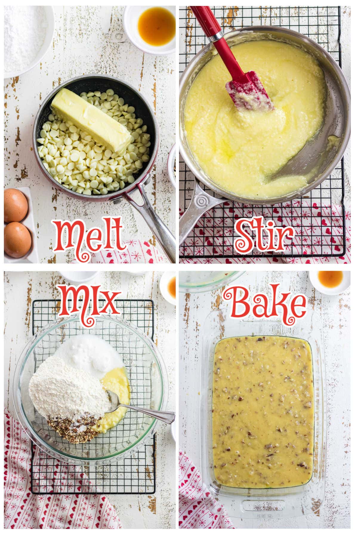 Step by step images for mixing the brownie batter.