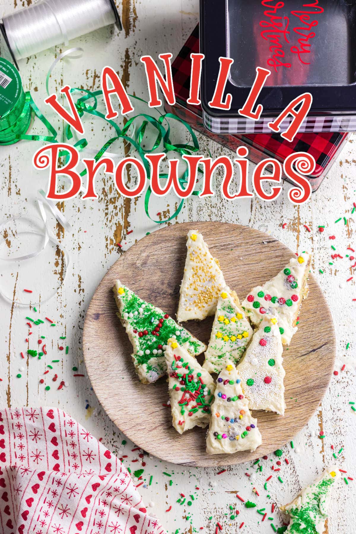 Overhead view of brownies cut and decorated to look like Christmas trees.