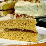 Caramel cake with text overlay for Pinterest.