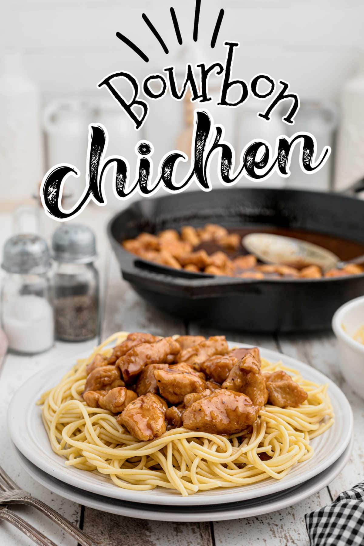 Plate of chicken and pasta with title text overlay.