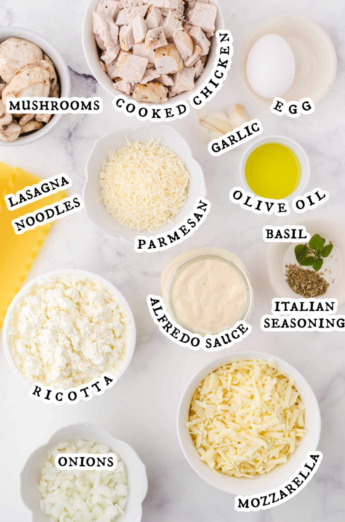 Labeled ingredients for chicken Alfredo lasagna.