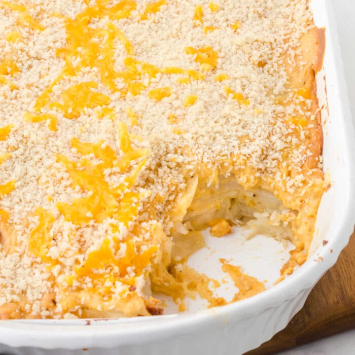 Closeup view of the recipe showing the layers of creamy au gratin potatoes.