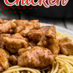 Chicken in sauce on a plate with text overlay for Pinterest.