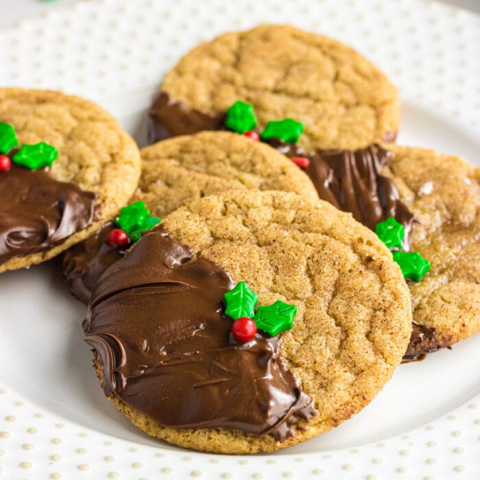 Closeup of cinnamon crinkle cookies that have been decorated for the holidays.