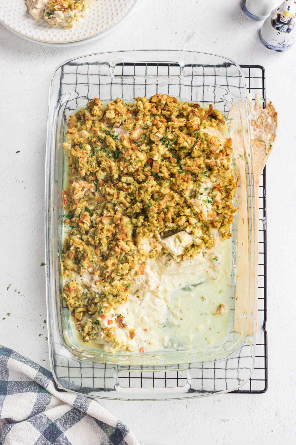 Overhead view of chicken stuffing bake showing the creamy sauce.