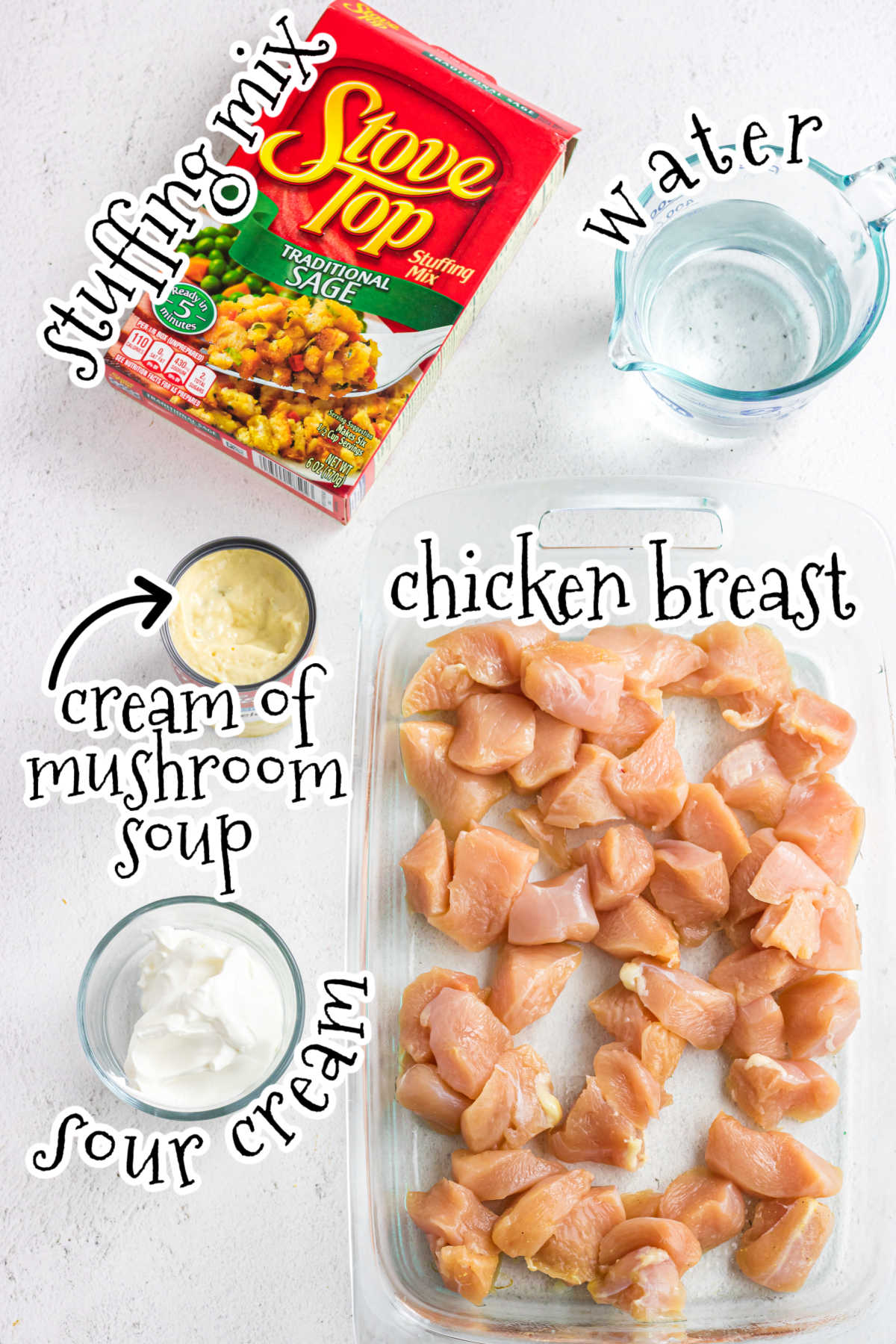 Ingredients for chicken and stuffing casserole.