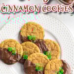 Overhead view of cinnamon cookies dipped in chocolate with text overlay for Pinterest.