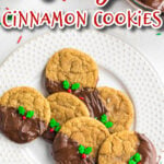 Overhead view of cinnamon cookies dipped in chocolate with text overlay for Pinterest.