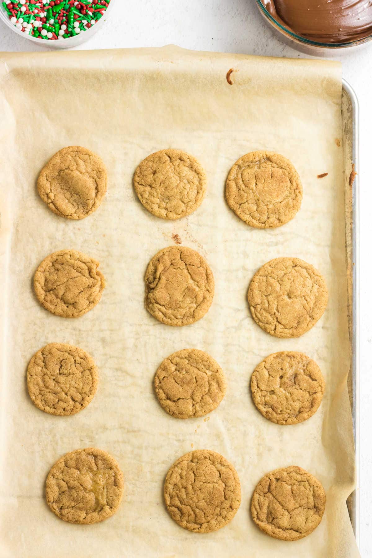 Overhead view of the baked cookies as they cool.