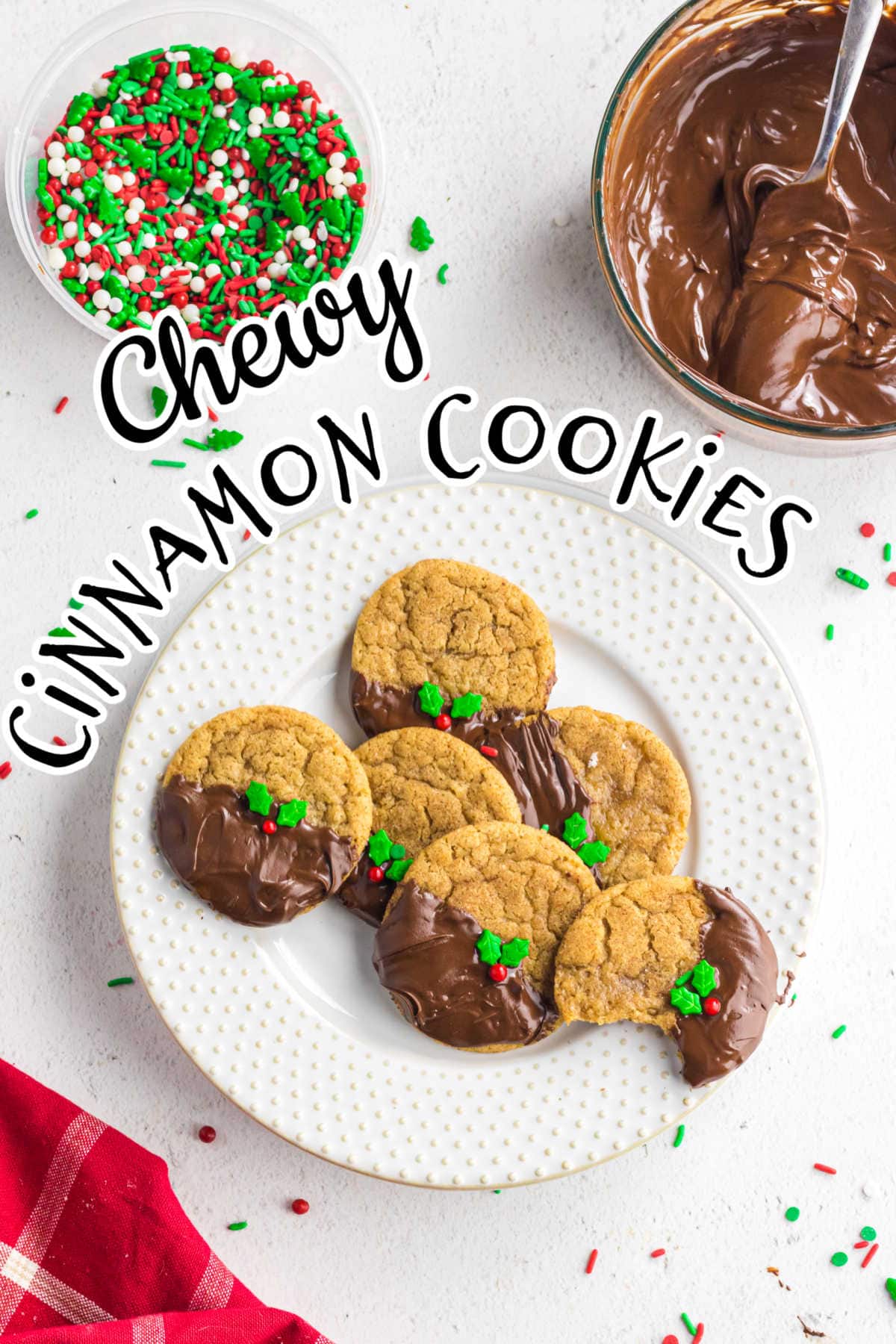 Title image. Overhead view of the cookies on a plate with text overlay.