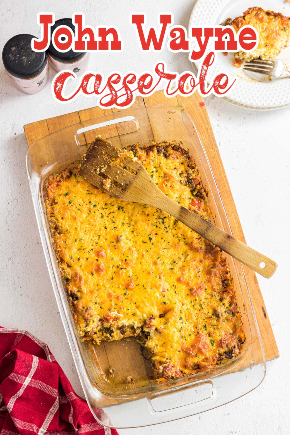 Overhead view of casserole with a serving removed. Title text overlay.
