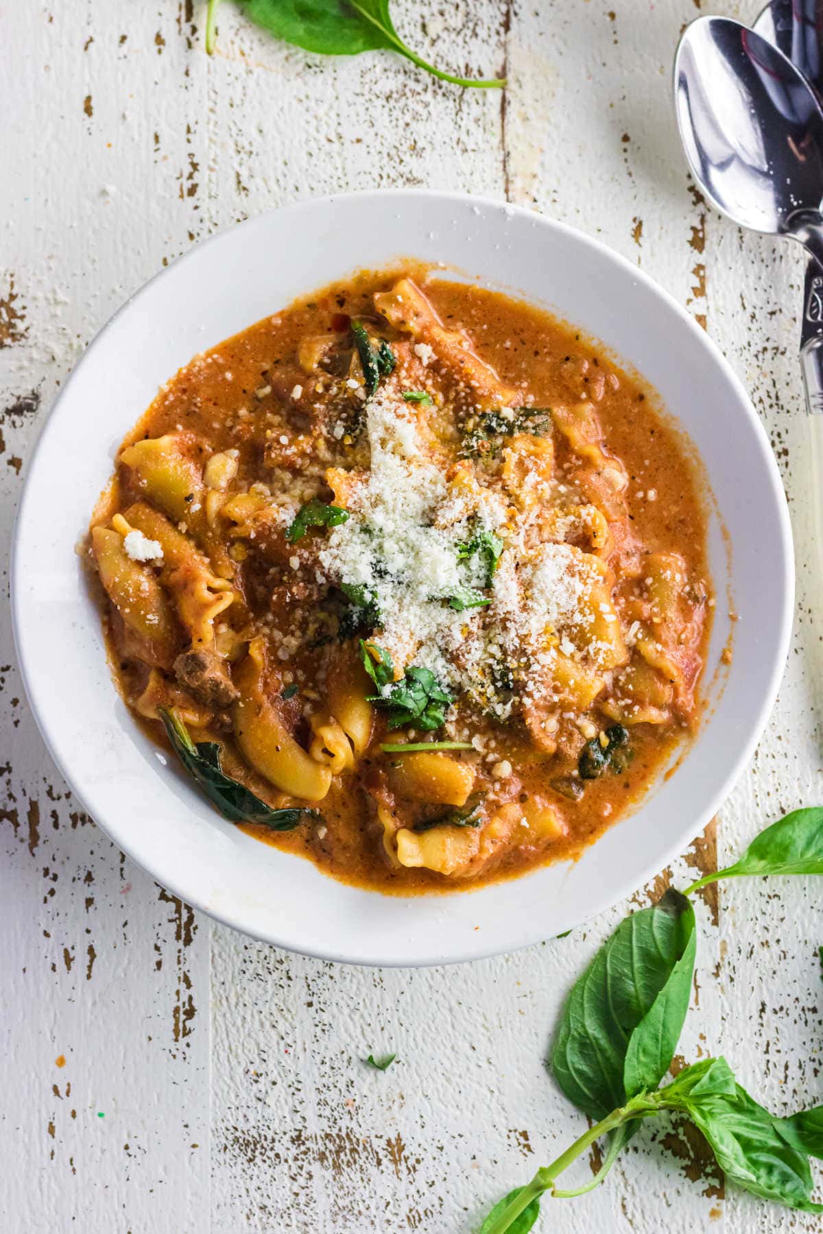 Closeup of lasagna soup showing the noodles.