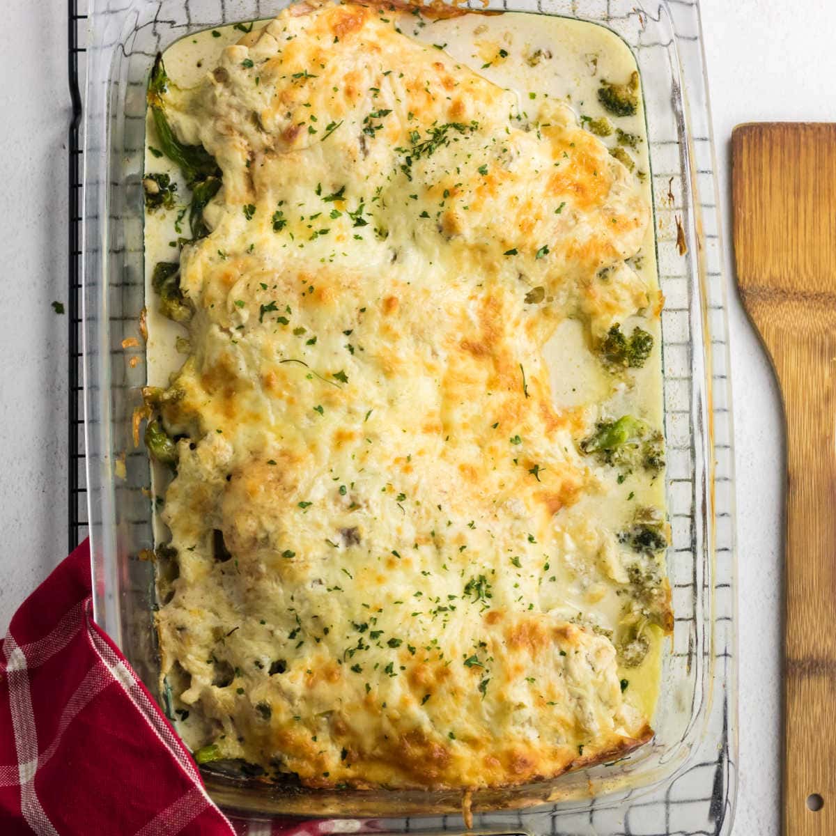 An overhead view of this recipe in a casserole dish.