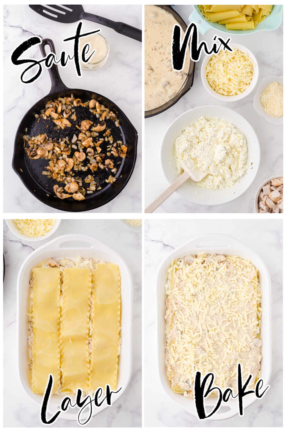 Step by step images for making chicken alfredo lasagna.