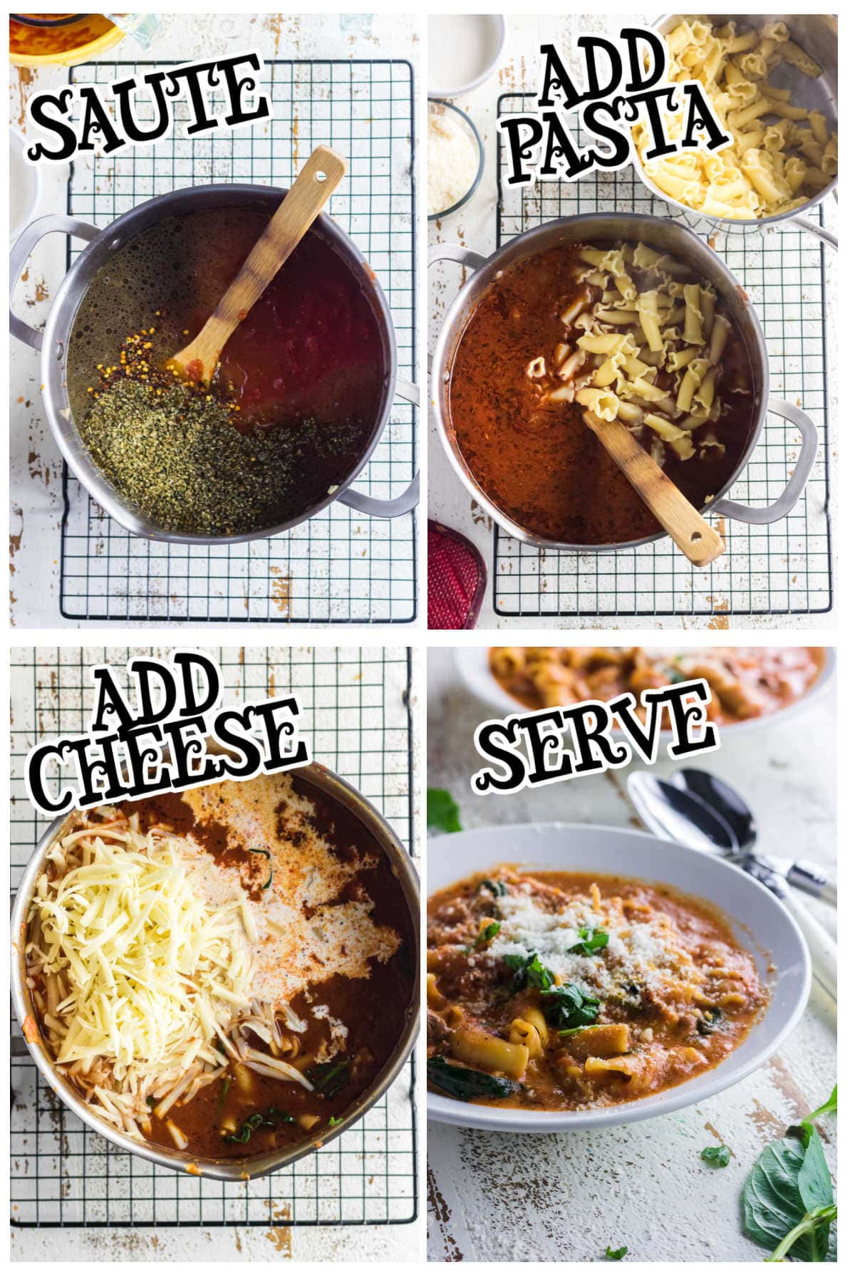 Steps for making lasagna soup.
