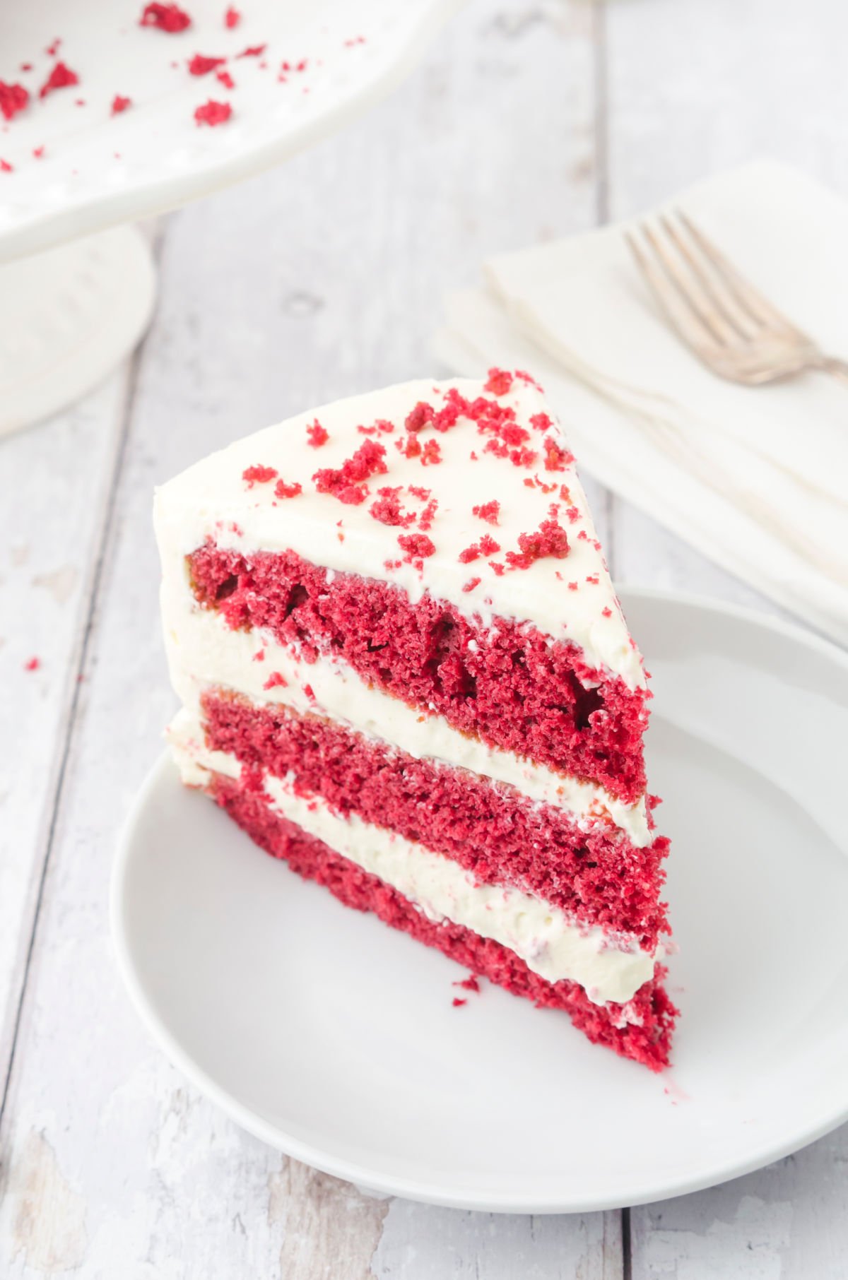 Slice of cake on a white plate.