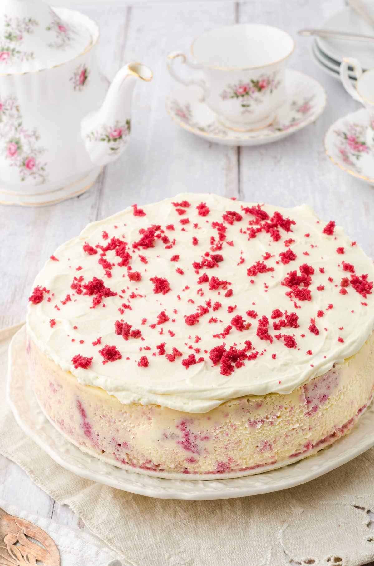 View of red velvet cheesecake from the top.