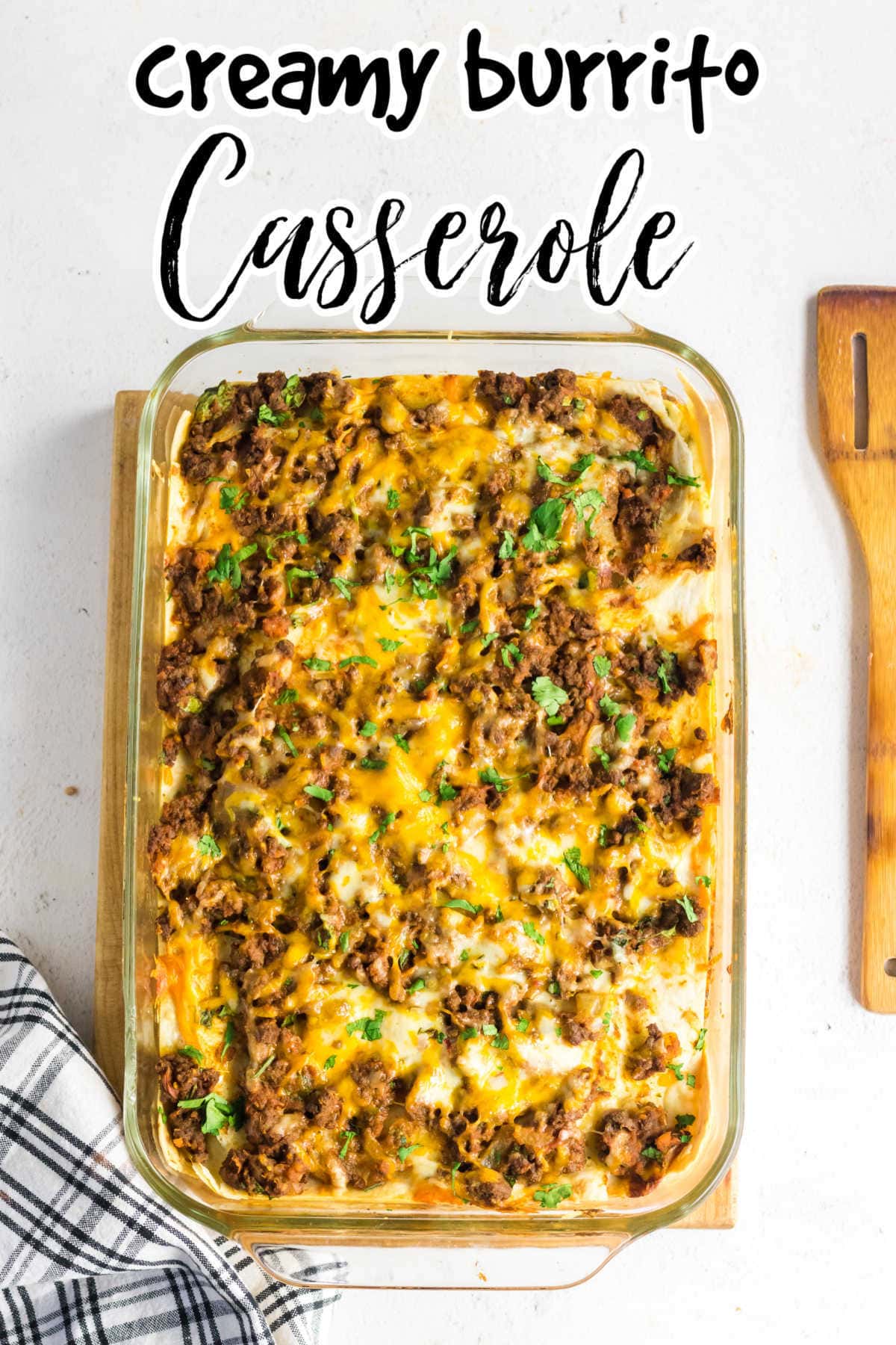 Overhead view of casserole with title text overlay.