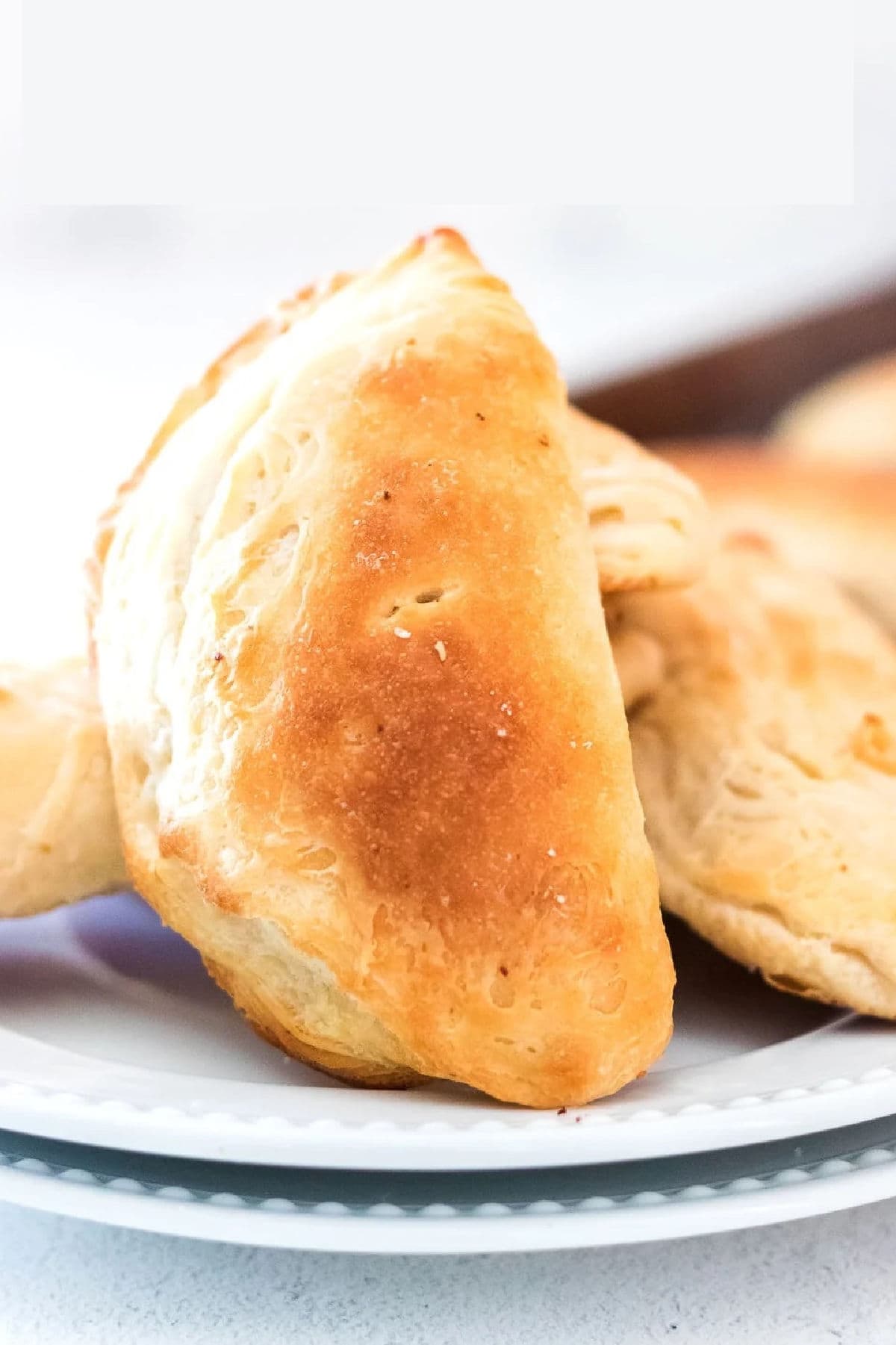 Closeup of golden brown chicken empanadas.