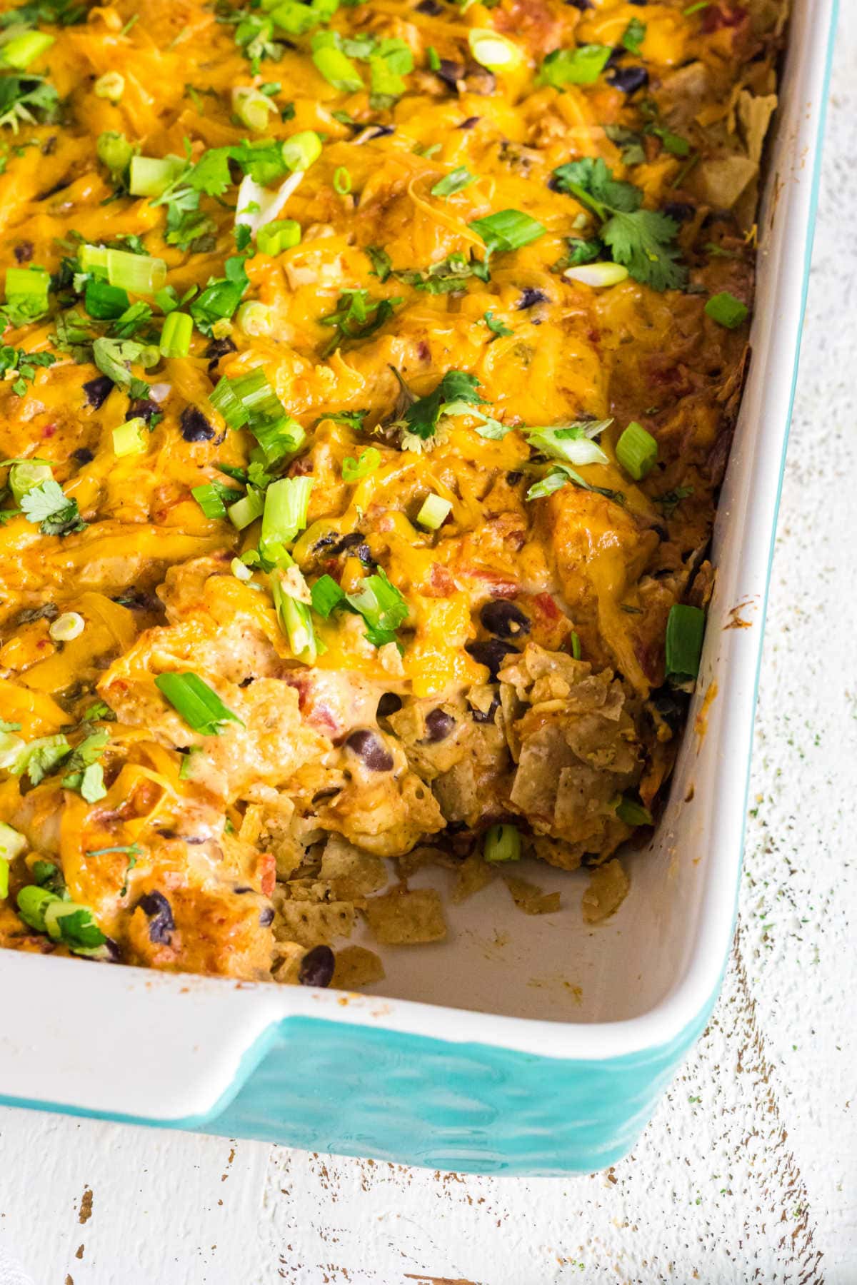 Closeup of casserole showing the layers.