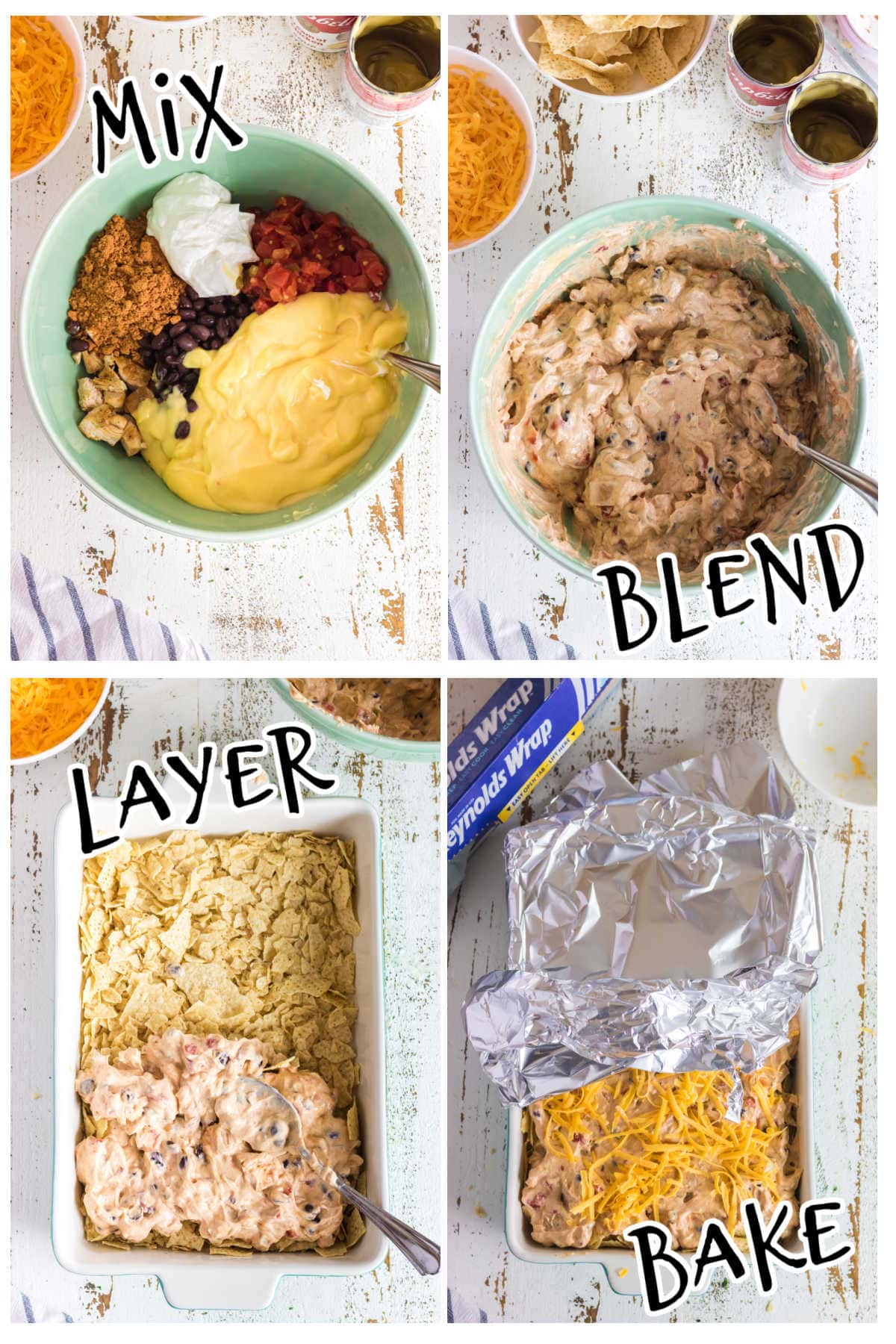 Step by step images for chicken taco casserole.