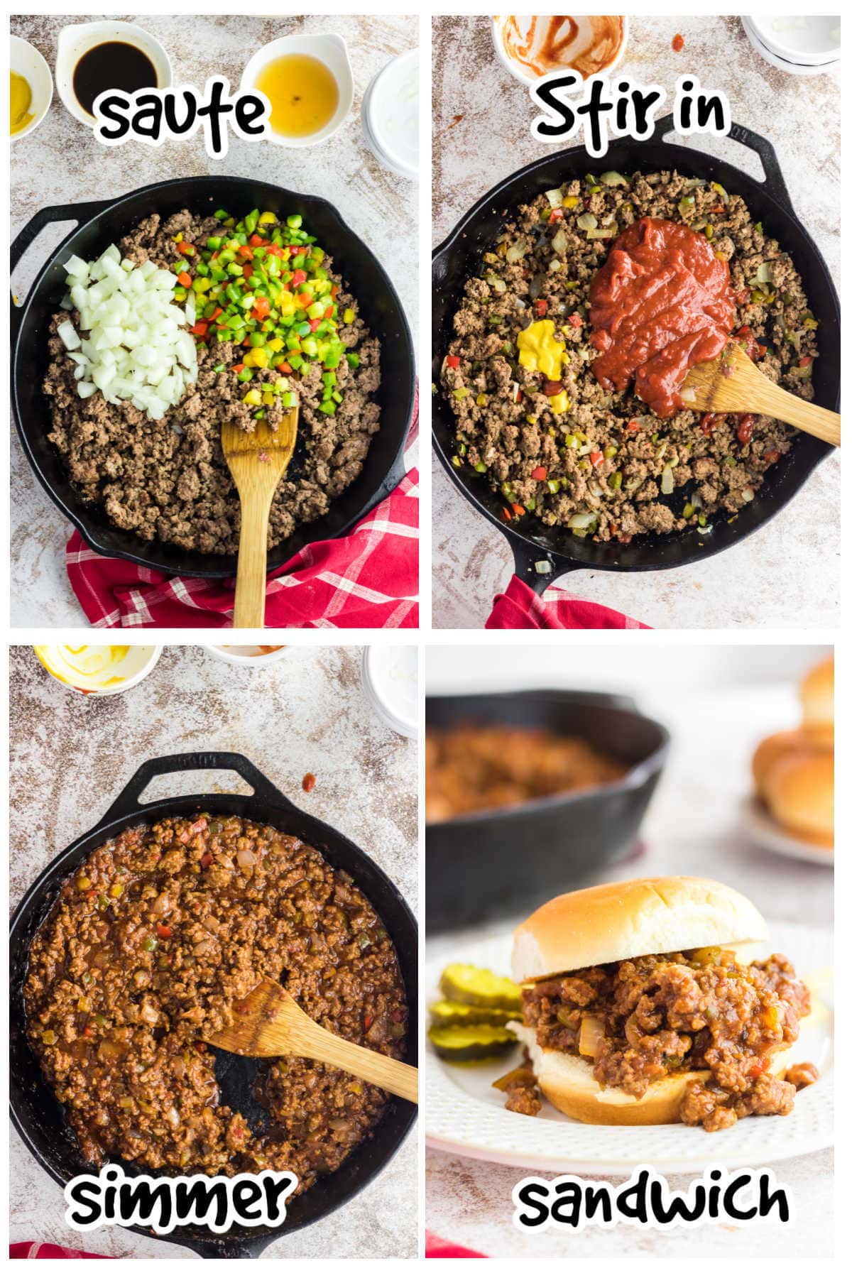 Step by step images for making sloppy joes.