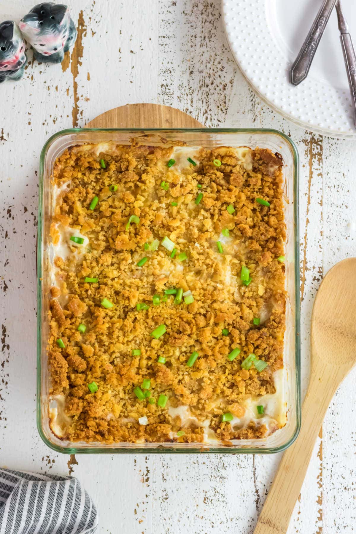 Casserole ready to be served; showing crunchy topping.