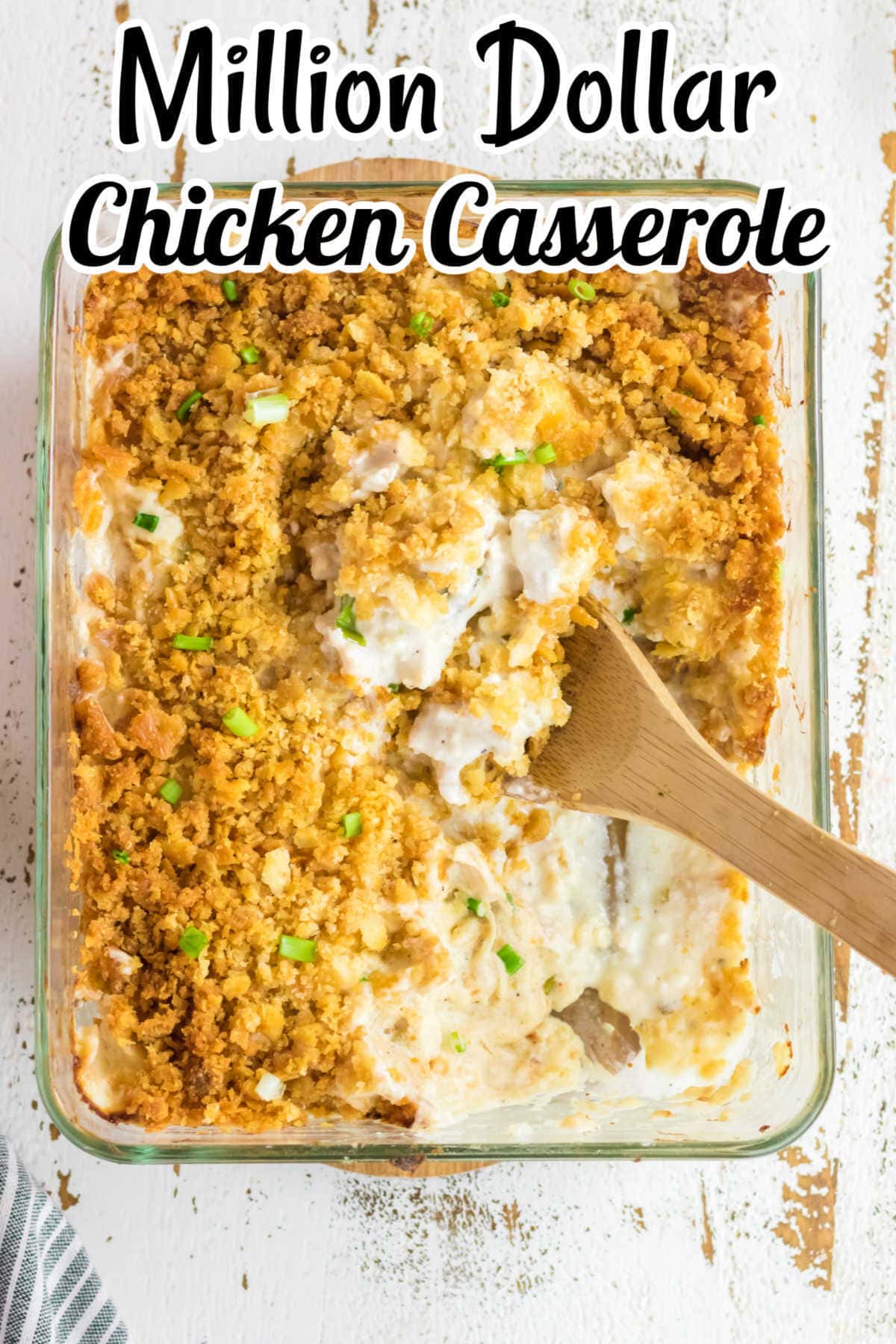 Overhead view of casserole in dish with title text overlay.