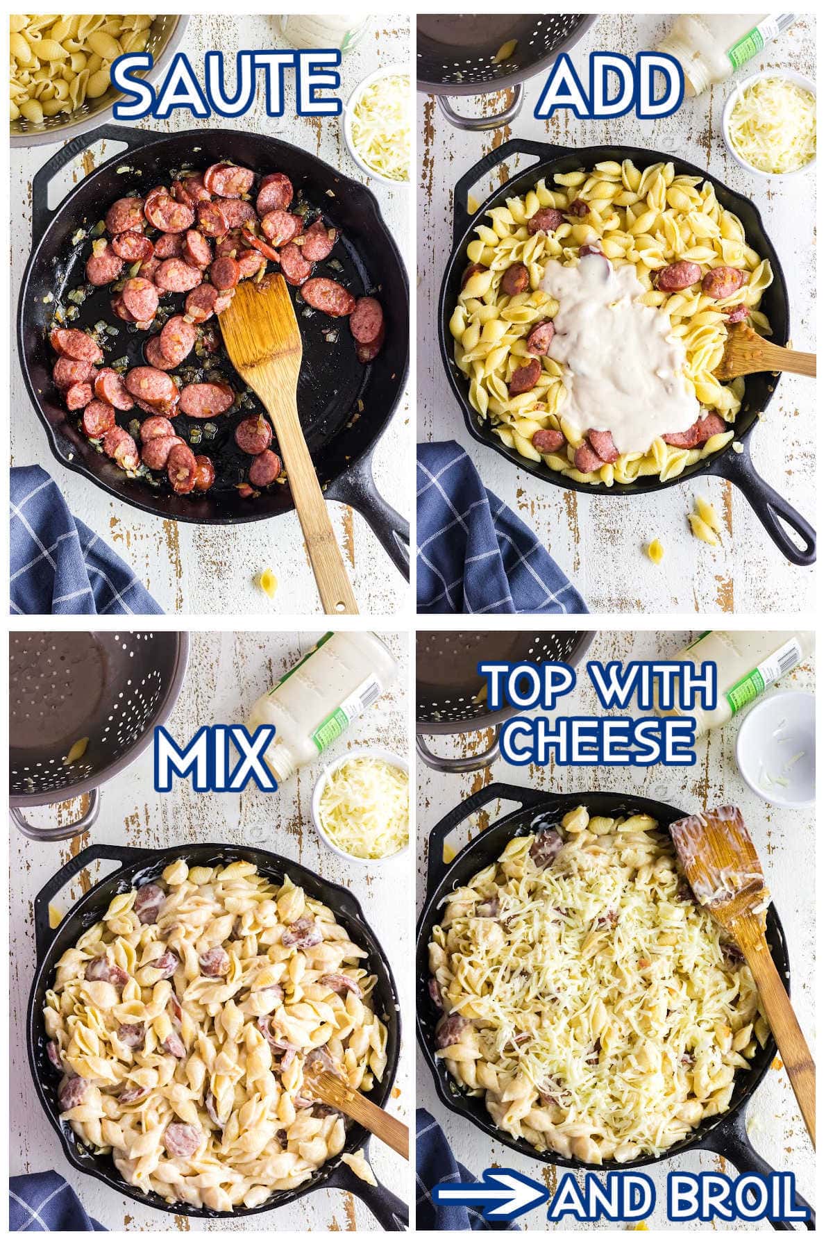 Step by step images for making homemade Alfredo with sausage.