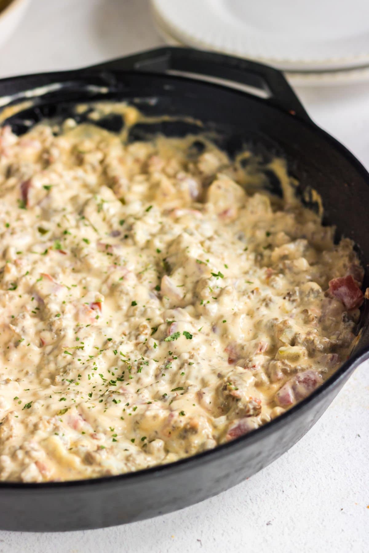 Closeup of the dip in a skillet.