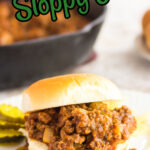 Sloppy joe sandwich on a plate with text overlay for Pinterest.