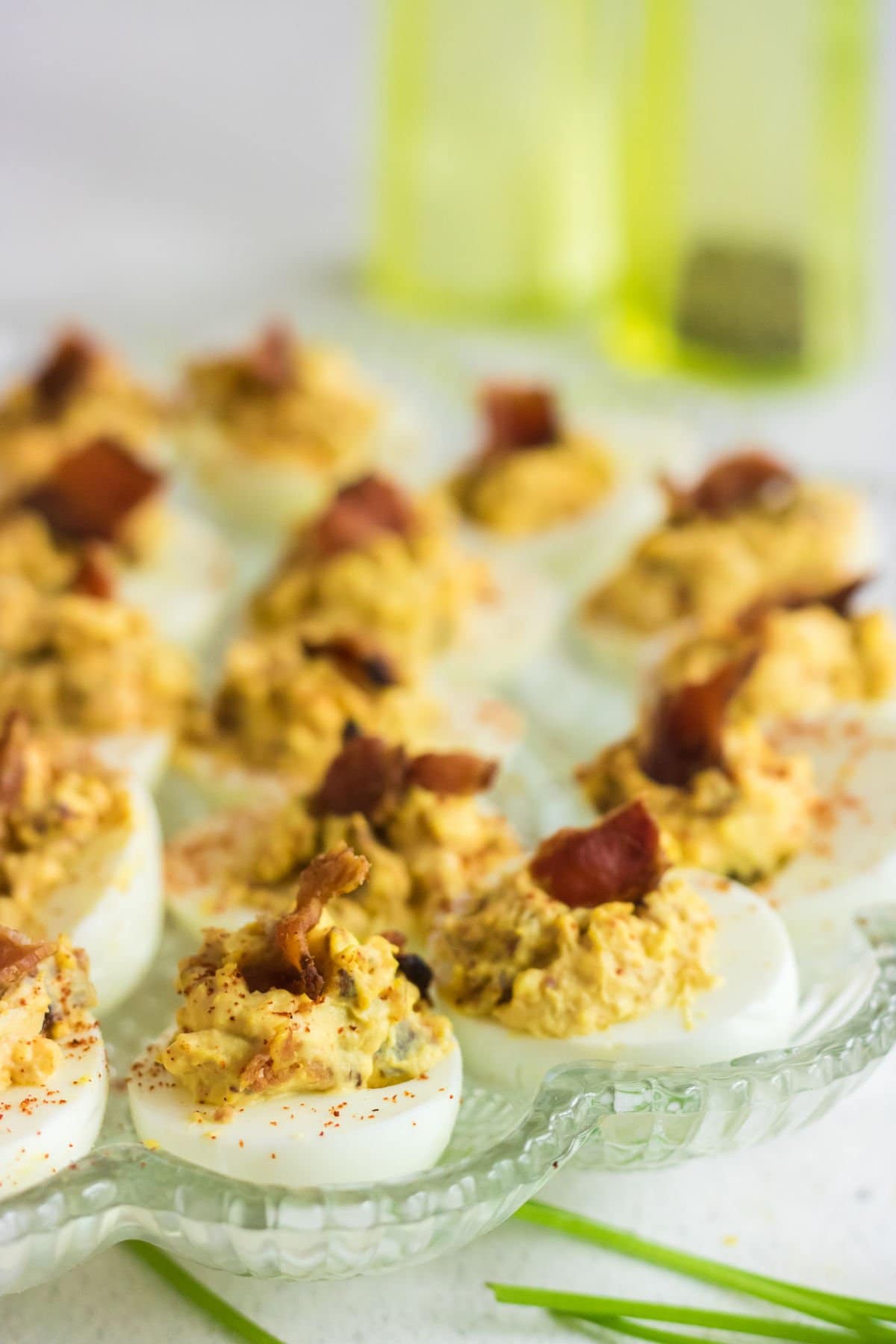 Closeup of the smoked deviled eggs.