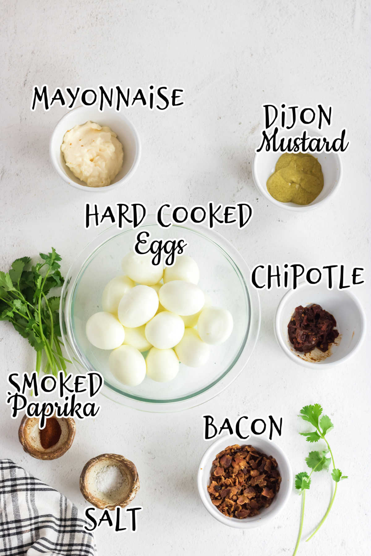 Labeled ingredients for deviled eggs.