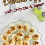Deviled eggs on an egg plate with text overlay for Pinterest.