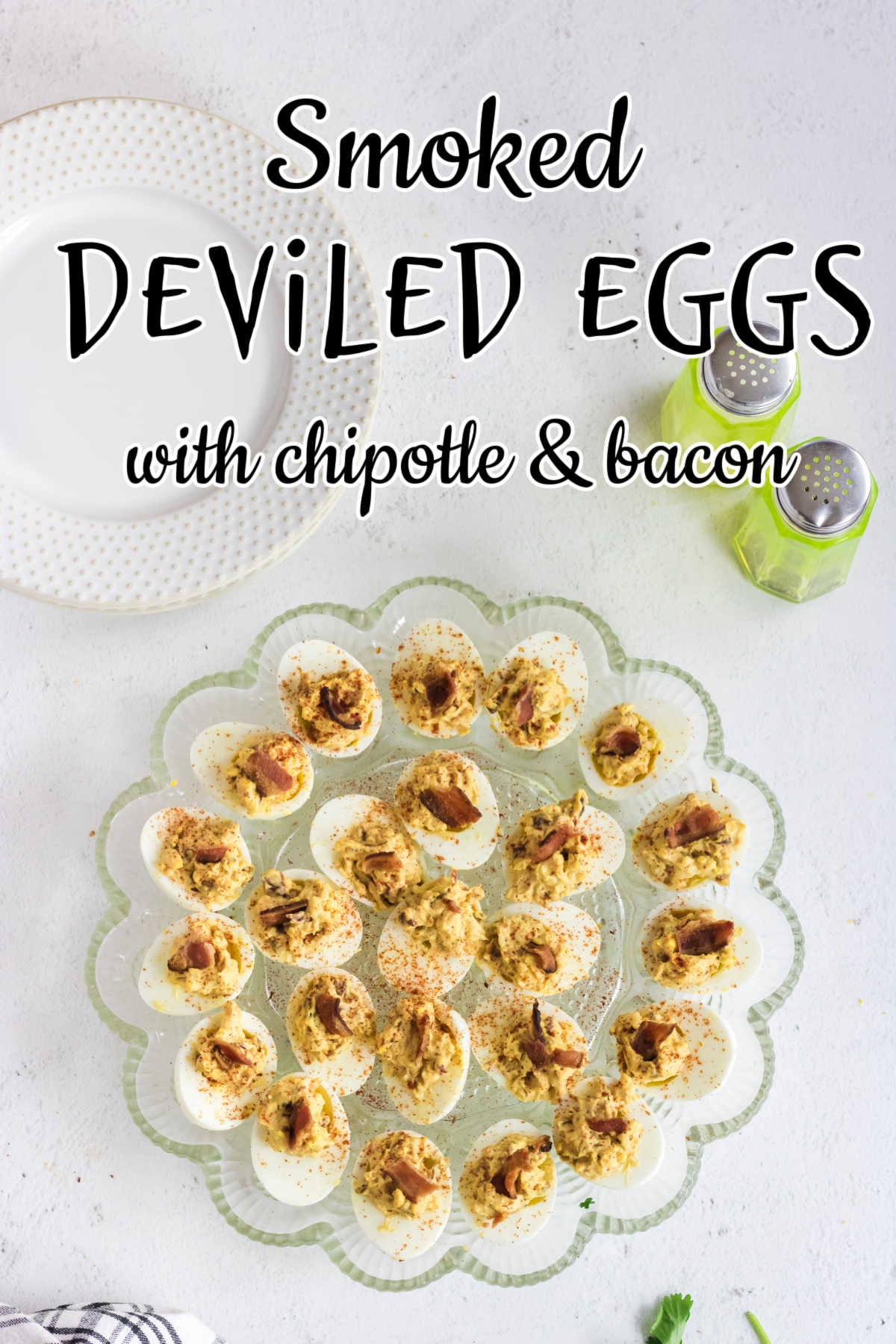 Overhead view of deviled eggs with title text overlay.